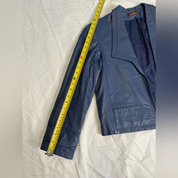 90s Slate Blue Genuine Leather Blazer | Vintage Deep Navy Power Jacket Size 8 - Picture 11 of 11